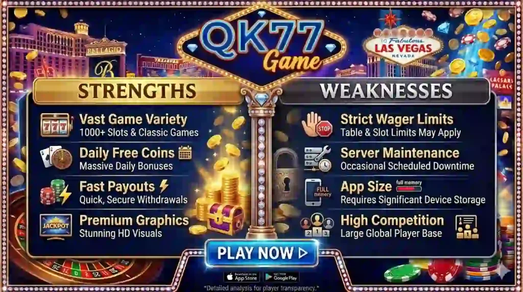 Qk77 Game pros and cons chart showing strengths and weaknesses