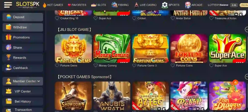 Slotspk Game all games selection screen 2026