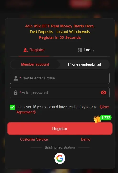 X92Bet Game registration methods on Android in Pakistan