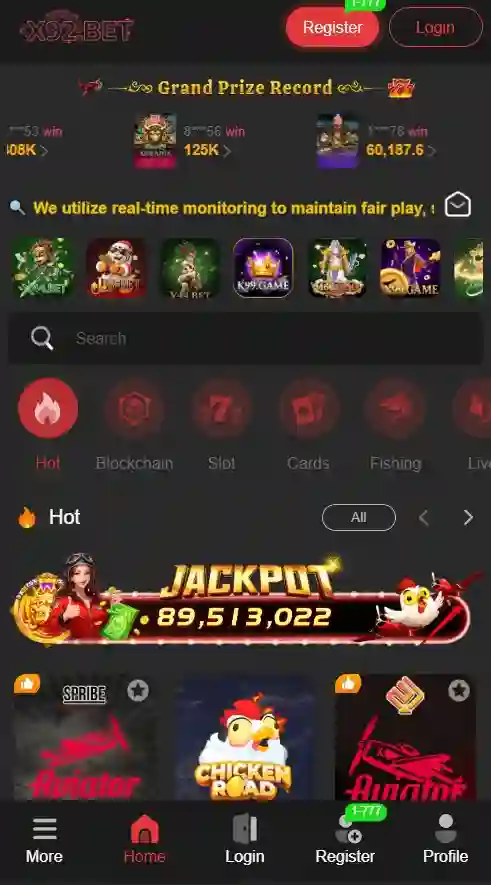 X92 Game features with slots, card games, and real money rewards