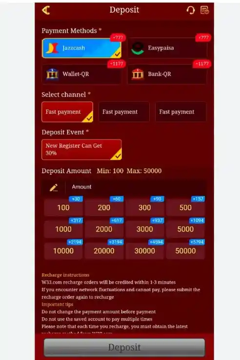 Bet999 Deposit interface