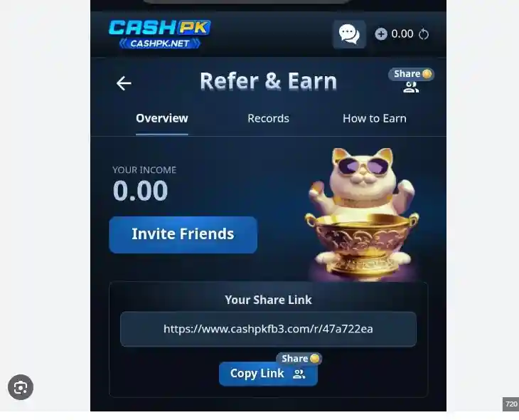 Cashpk Invite and earn Screen