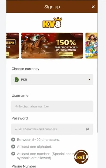 Kv8 Sign up Screen
