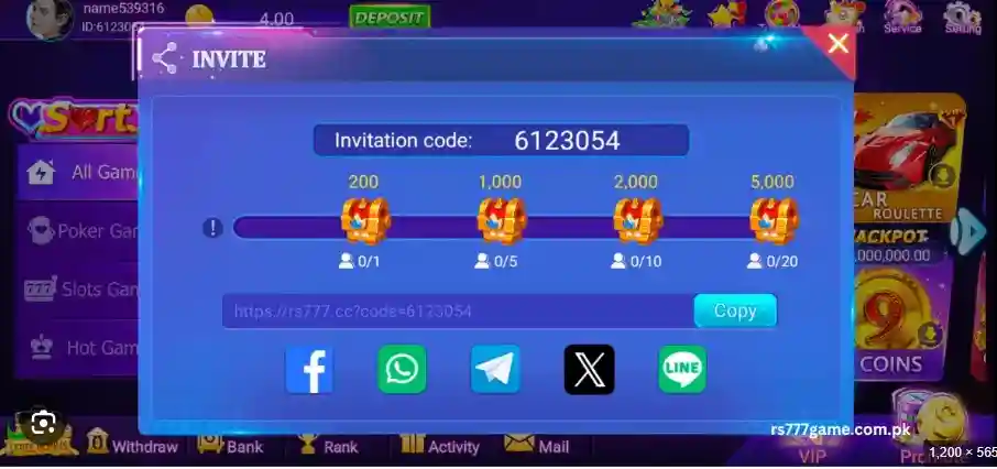 Sv77 game invite and earn Screen