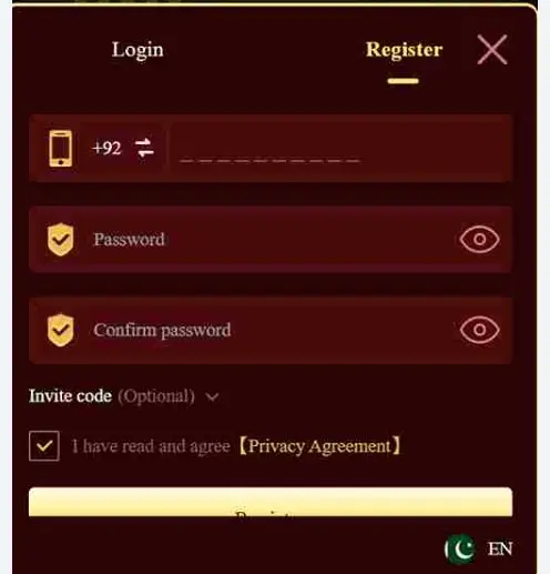 Ek77 game registration screen on mobile showing sign-up process